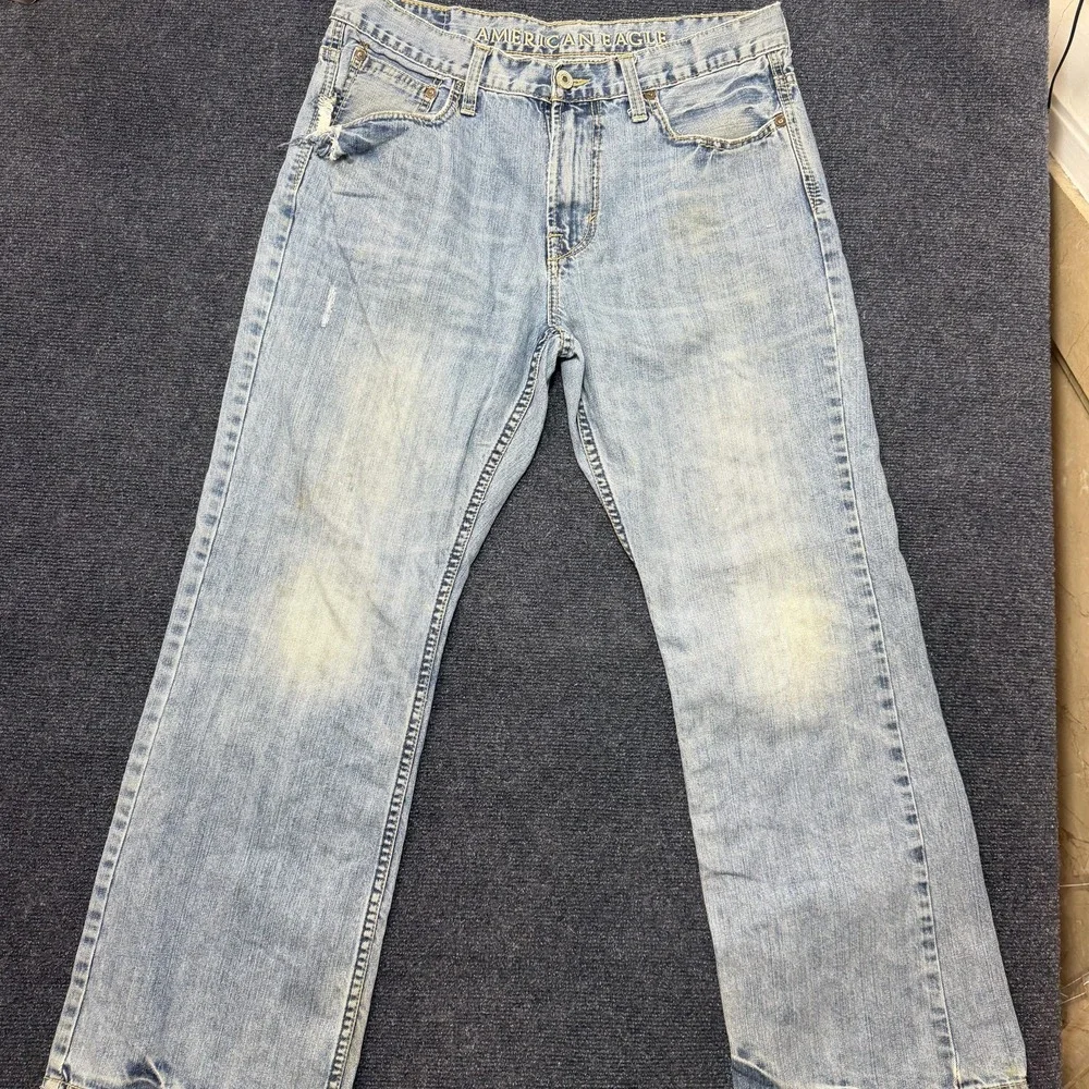 Y2K American Eagle Jeans Mens 33x30 Light Wash Denim Relaxed Straight Distressed